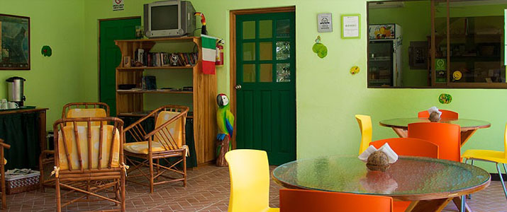 Salle commune Las Casa de Las flores Caraïbes Sud Cahuita salle commune espace petit déjeuner télévision cosy