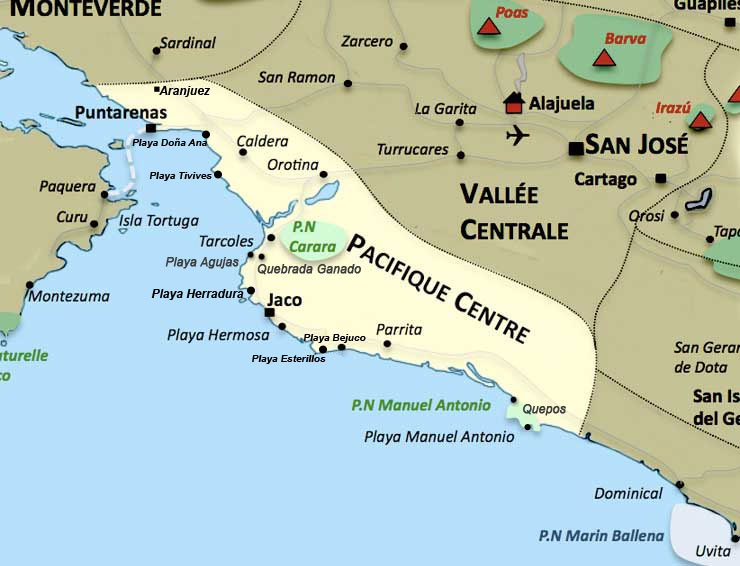 Carte Costa Rica Pacifique Centre Carte de la region Pacifique Centre au Costa Rica