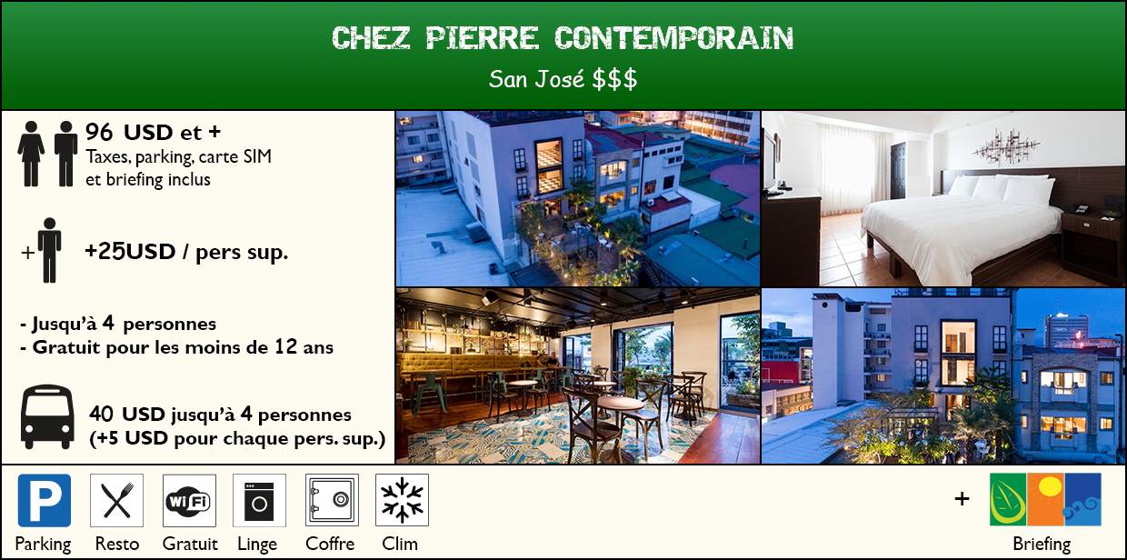 Chez Pierre Contemporain 88USD toute l'année petit dejeuner taxes parking et briefing inclus +10USD/Personne supplementaire cahmbre standard uniquement jusqu'à 4 par chambre gratuit pour les -12ans