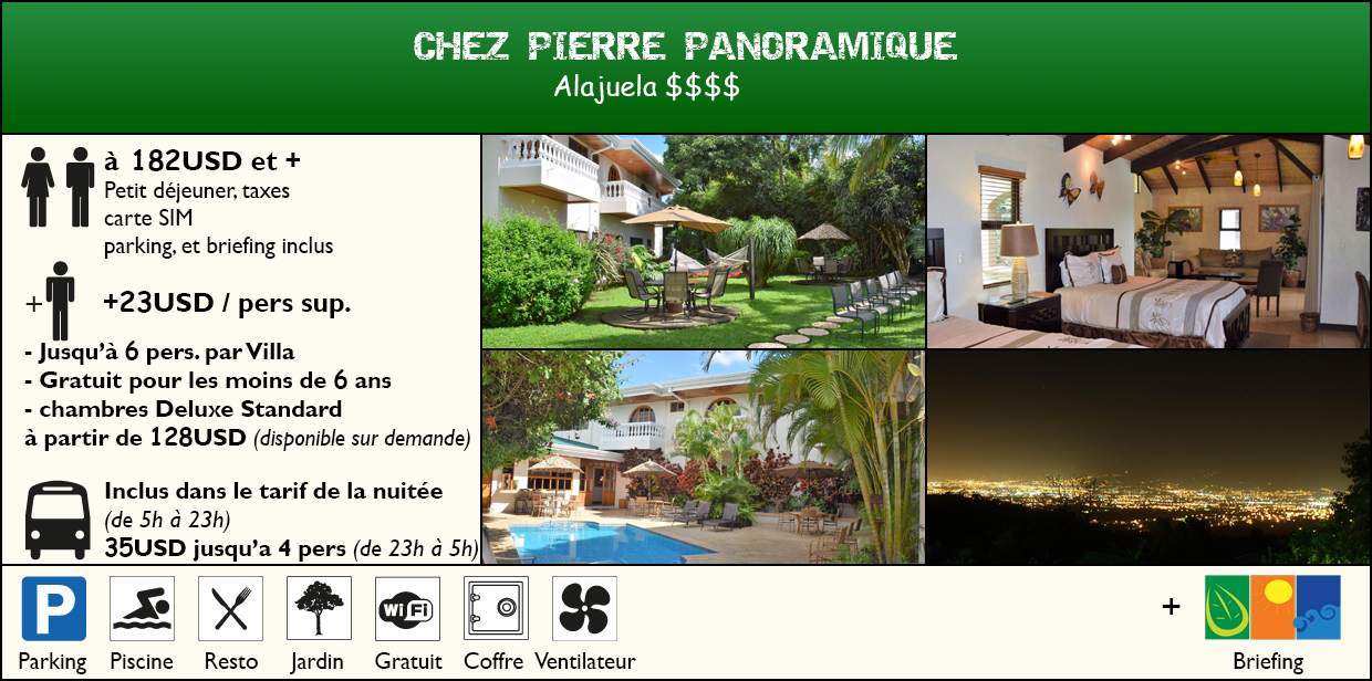 Chez Pierre Panoramique 154USD toute l'année petit dejeuner taxes parking et briefing inclus +13USD/Personne supplementaire chambre standard, Jusqu'à 6 personnes par Villa, gratuit pour les -12ans