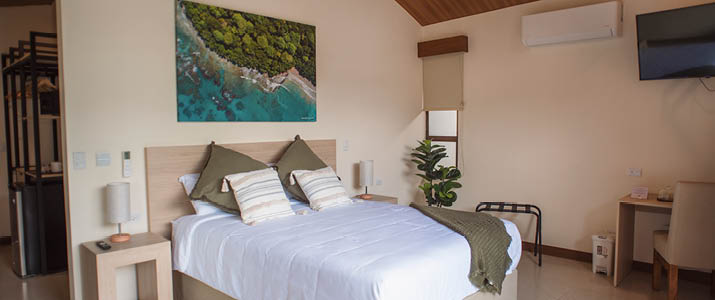 chambre spacieuse à la décoration épurée, couleurs blanc et beige