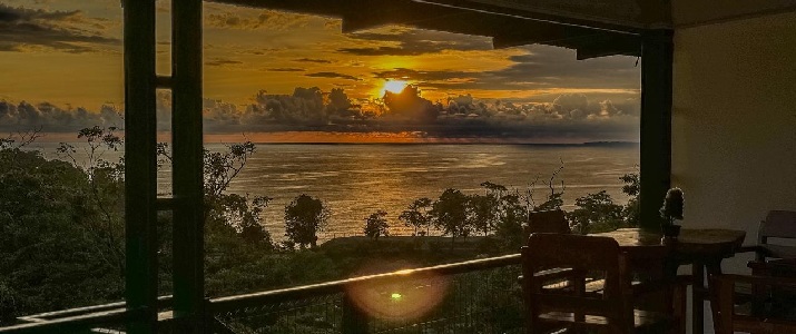 Coucher de soleil, vue, chambre, hôtel, paysage