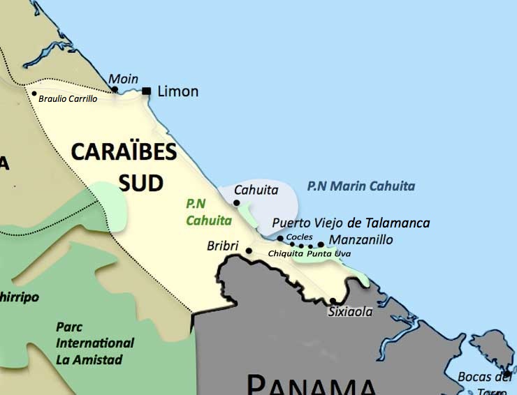 Carte de la region Caraïbes Sud au Costa Rica