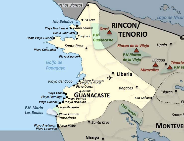 Carte de la region Guanacaste au Costa Rica