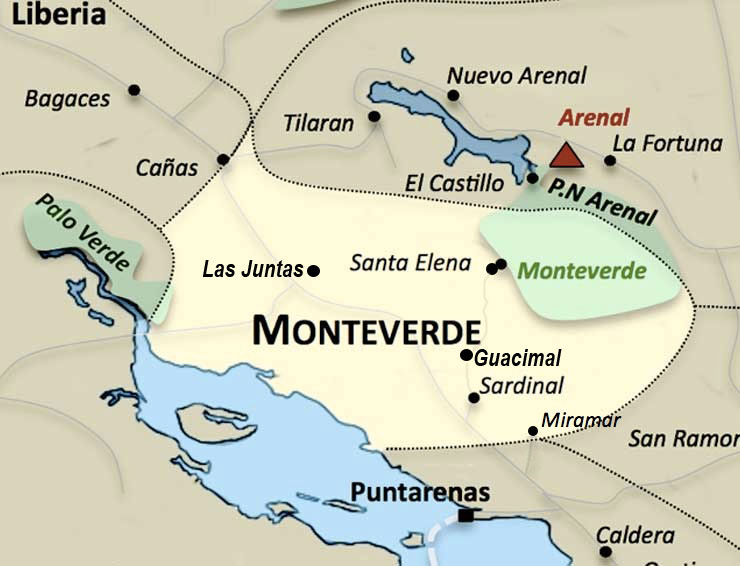 Carte de la region Monteverde au Costa Rica