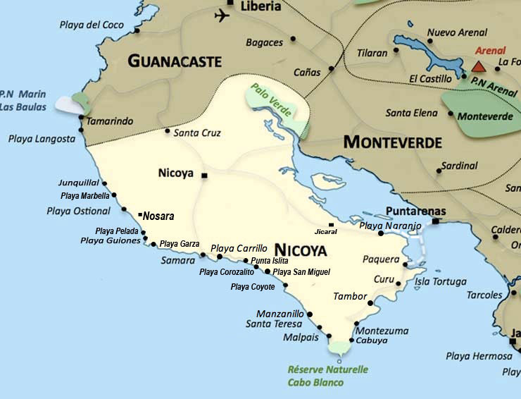 Carte de la region Nicoya au Costa Rica