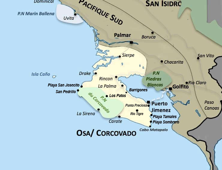 Carte de la region Osa Corcovado au Costa Rica