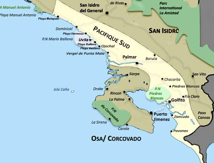 Carte de la region Pacifique Sud au Costa Rica