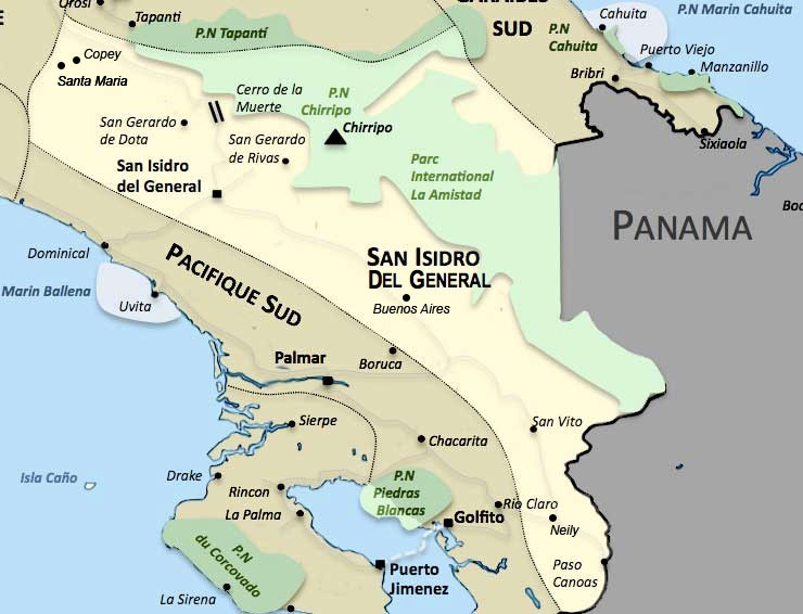 Carte de la region San Isidro Del General au Costa Rica