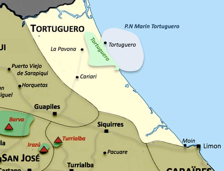 Carte de la region Tortuguero au Costa Rica