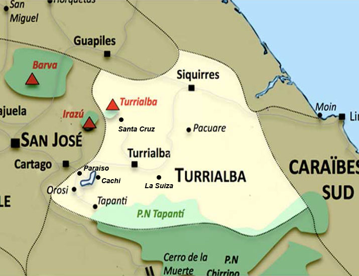 Carte de la region Turrialba au Costa Rica