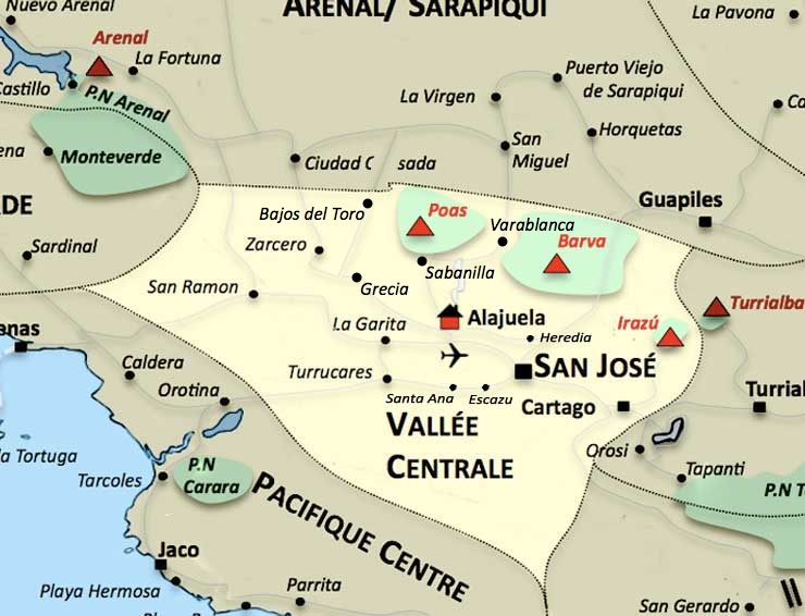 Carte de la region Vallée Centrale au Costa Rica