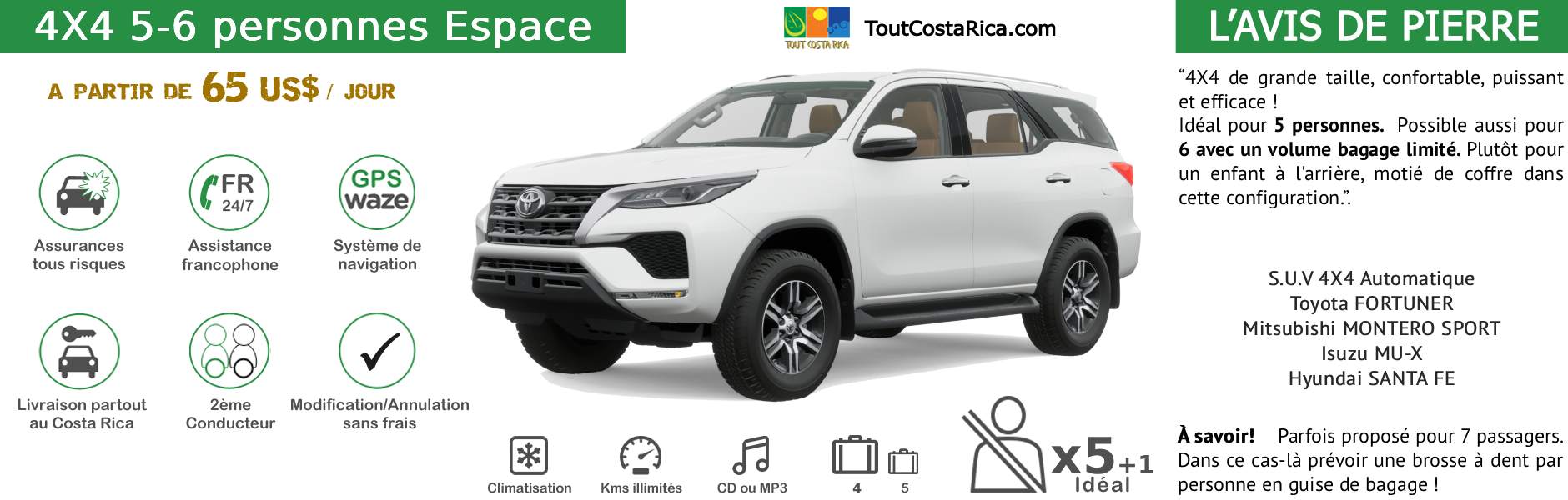 Location voiture 4x4 pour 5-6 personnes Costa Rica Toyota Prado / Mitsubishi Montero Sport / Mitsubishi Montero GLS Wagon / Toyota Fortuner / Nissan Pathfinder 5 ADULTES+1 ENFANT A PARTIR DE 430 US$ / SEMAINE (*) MALIN: TOUT INCLUS! GPS OFFERT ! 2nD CONDUCTEUR KM ILLIMITES ASSURANCES TOUS RISQUES RESA SANS CARTE BANCAIRE ASSISTANCE 24/24 ETC (SIEGES BEBES, rehausseurs, surf…)