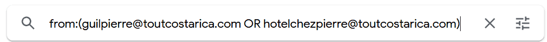 Adresses mails de ToutCostaRica en réception from:(guilpierre@toutcostarica.com OR hotelchezpierre@toutcostarica.com)